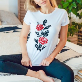 Tricou cu motif traditional floral - trandafir